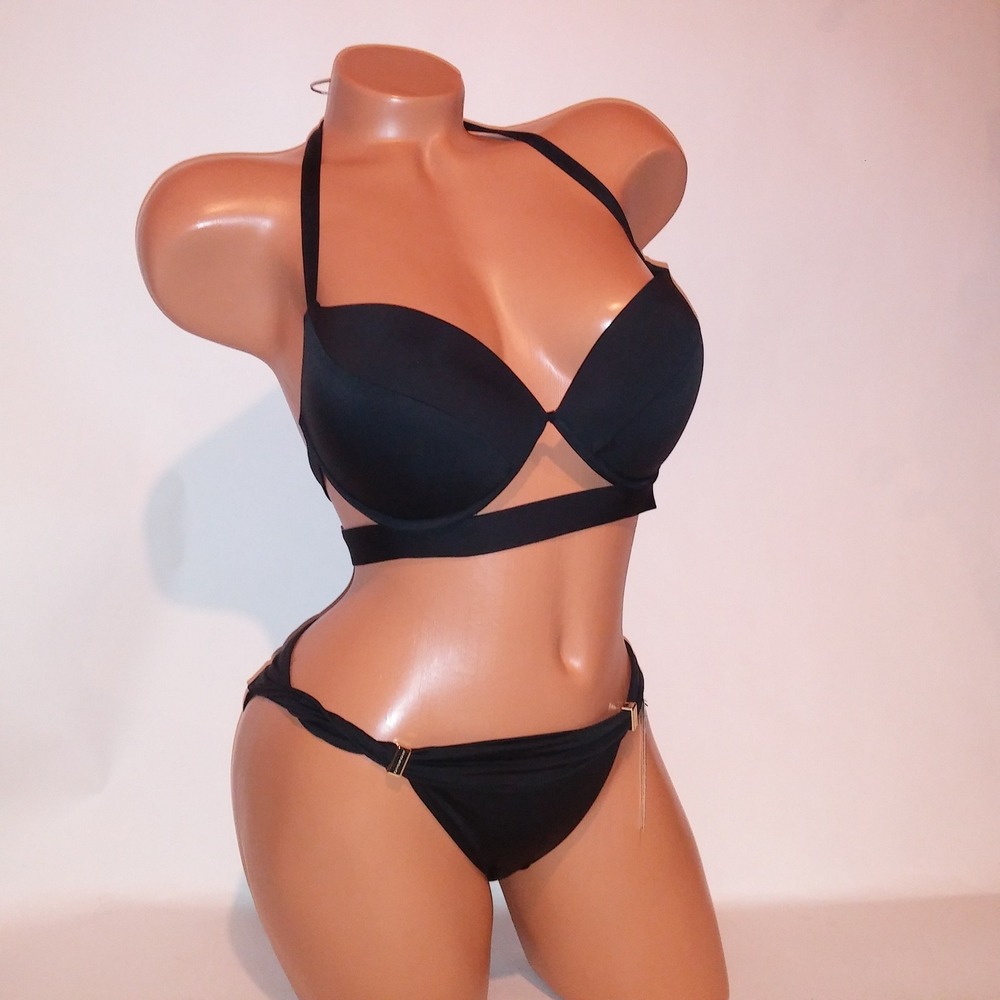 Victoria Secret Swim Bikini 32DD Top XS Bottom Black Solid Push Up Hottie Halter